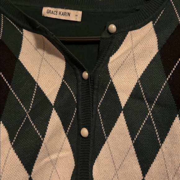 Grace Karin Green and White Argyle Cardigan - Picture 3 of 4